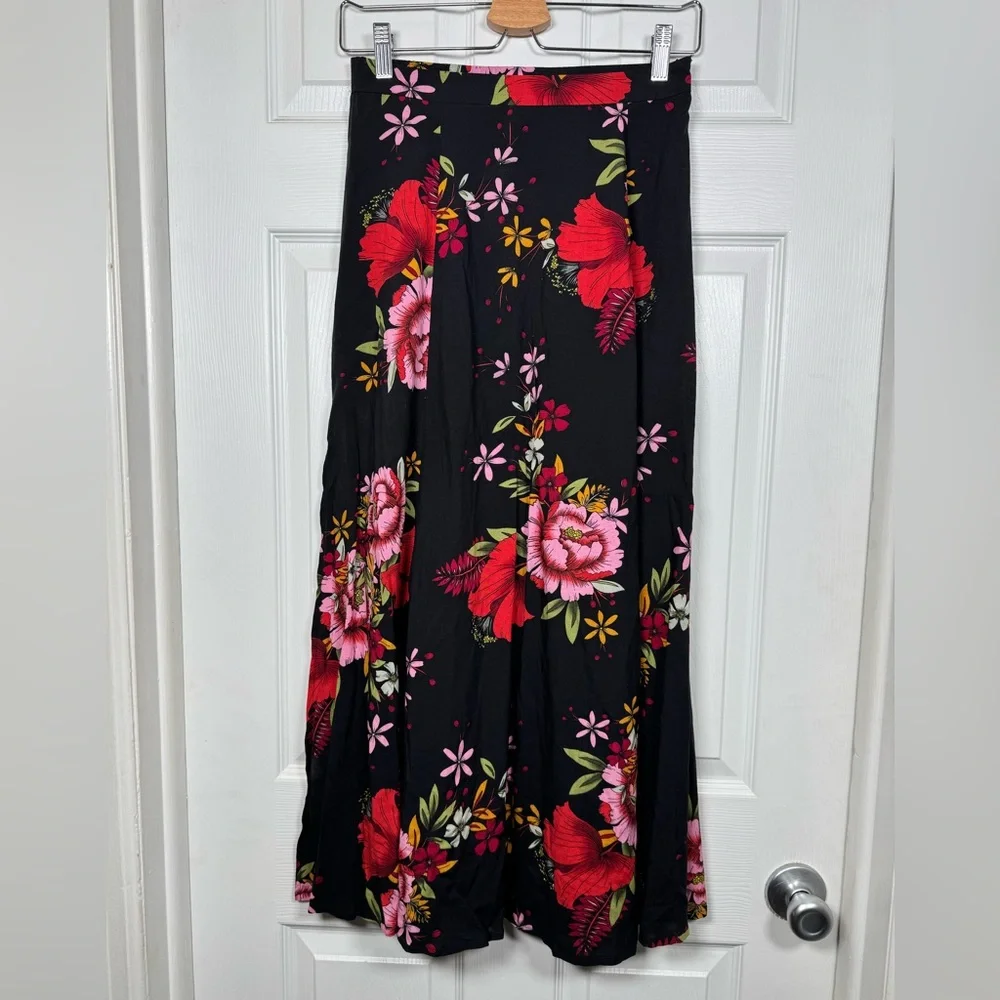 Lulus Black Floral Midi Skirt Side Slits Flowy A-Line Size S - Picture 1 of 7